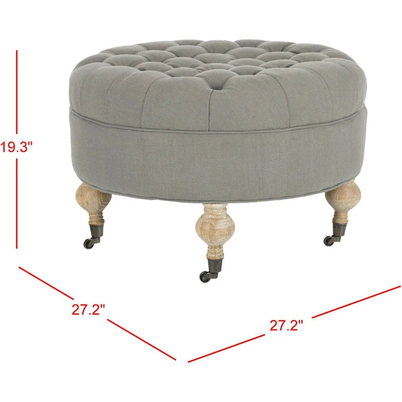 Pouf ottoman rond capitonné avec revêtement en lin et cadre en bois massif – Roulettes