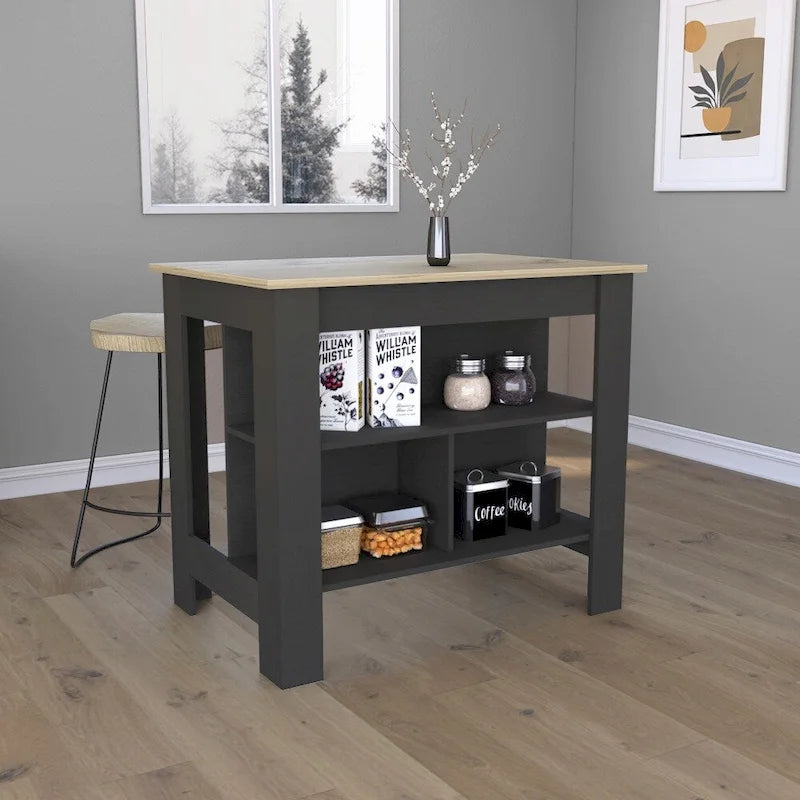 Table à manger îlot de cuisine en bois avec 3 étagères de rangement
