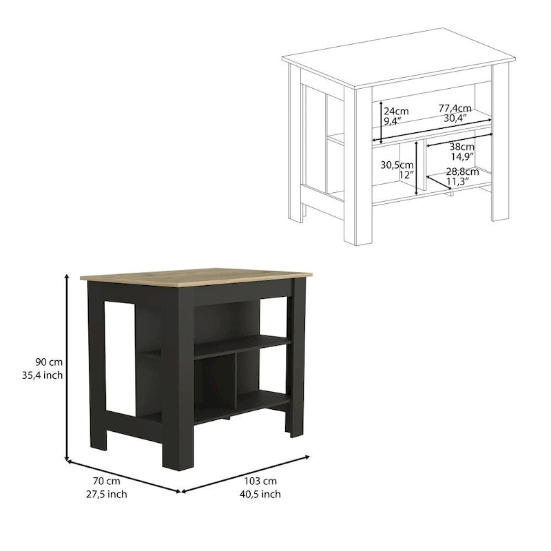 Table à manger îlot de cuisine en bois avec 3 étagères de rangement