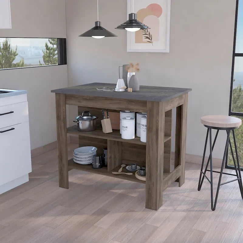 Table à manger îlot de cuisine en bois avec 3 étagères de rangement