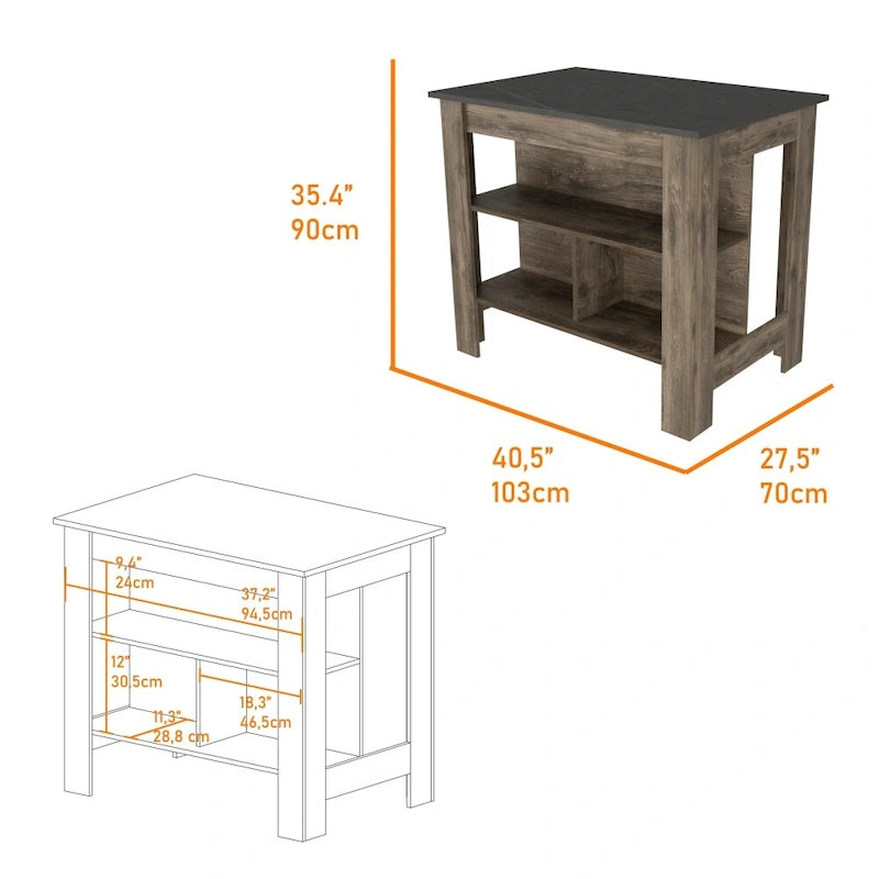 Table à manger îlot de cuisine en bois avec 3 étagères de rangement