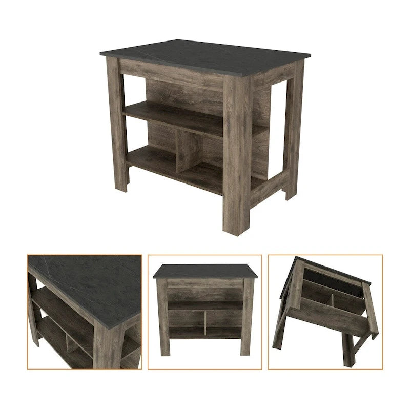 Table à manger îlot de cuisine en bois avec 3 étagères de rangement