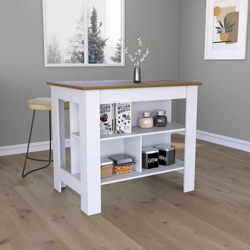 Table à manger îlot de cuisine en bois avec 3 étagères de rangement