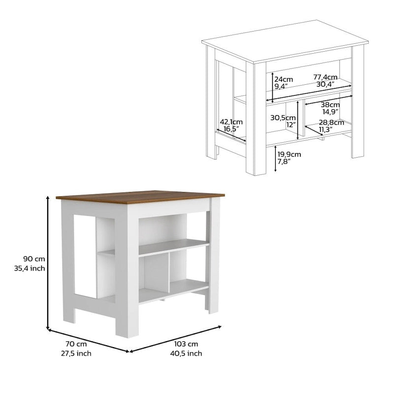 Table à manger îlot de cuisine en bois avec 3 étagères de rangement