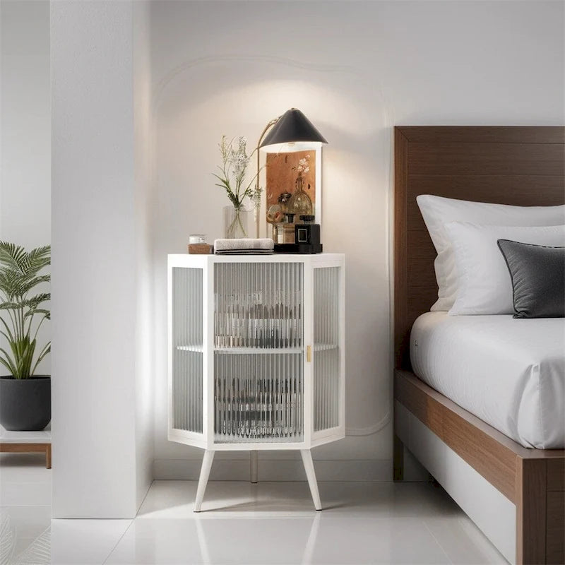 Meuble d'angle bas avec porte en verre trempé et étagères de rangement multi-niveaux