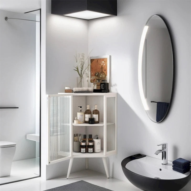 Meuble d'angle bas avec porte en verre trempé et étagères de rangement multi-niveaux