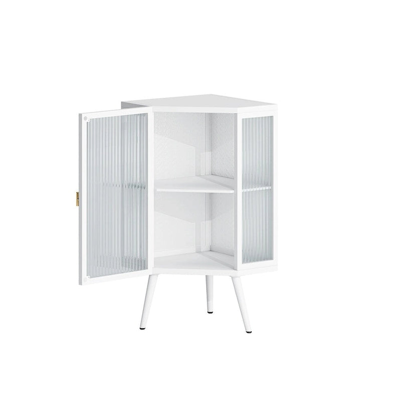 Meuble d'angle bas avec porte en verre trempé et étagères de rangement multi-niveaux