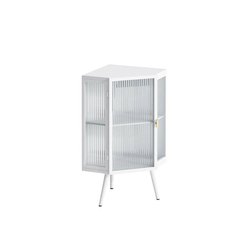 Meuble d'angle bas avec porte en verre trempé et étagères de rangement multi-niveaux