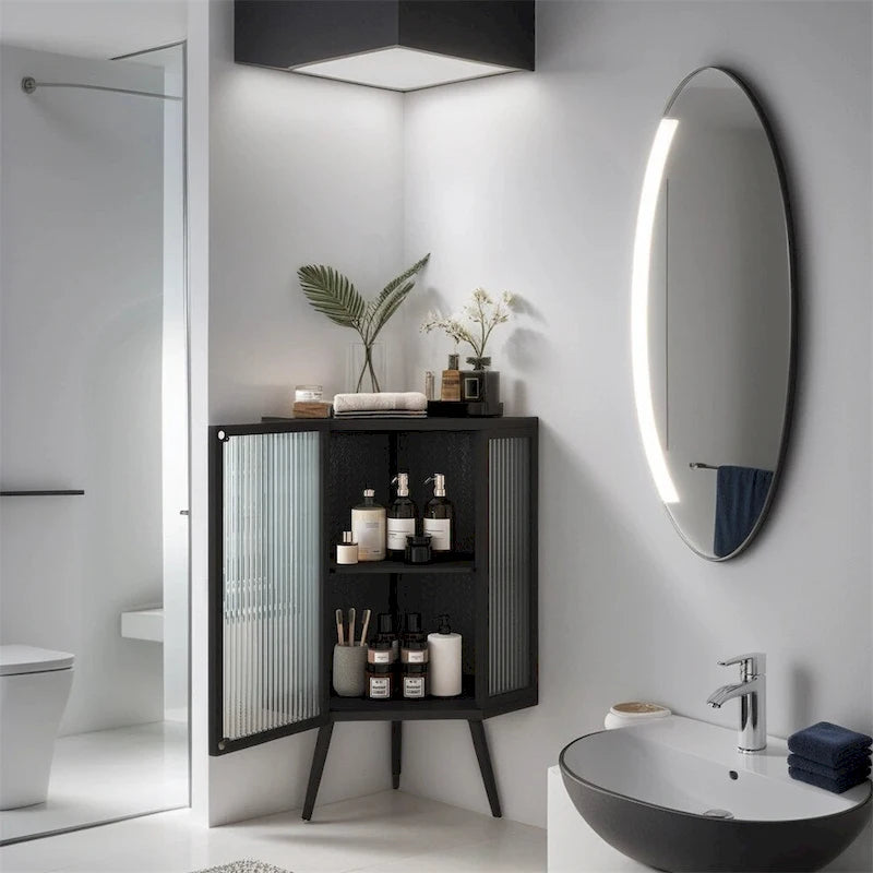 Meuble d'angle bas avec porte en verre trempé et étagères de rangement multi-niveaux