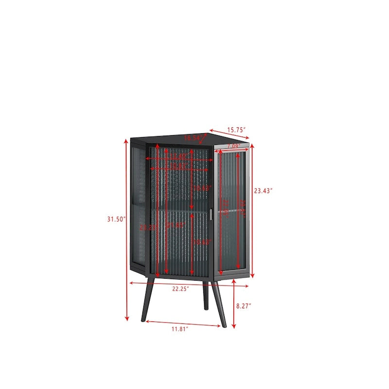 Meuble d'angle bas avec porte en verre trempé et étagères de rangement multi-niveaux
