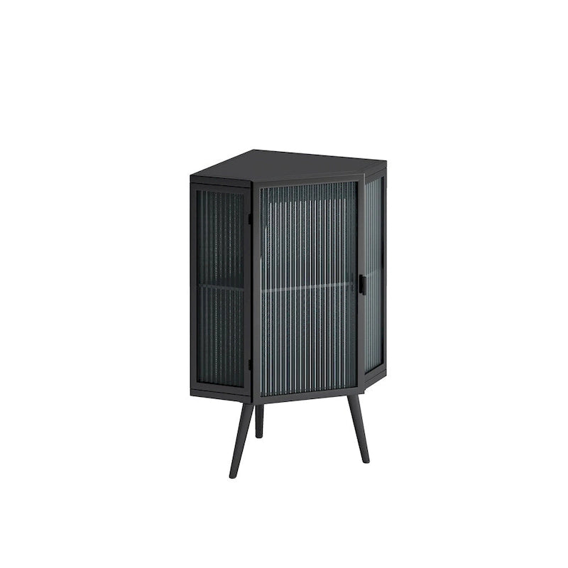 Meuble d'angle bas avec porte en verre trempé et étagères de rangement multi-niveaux