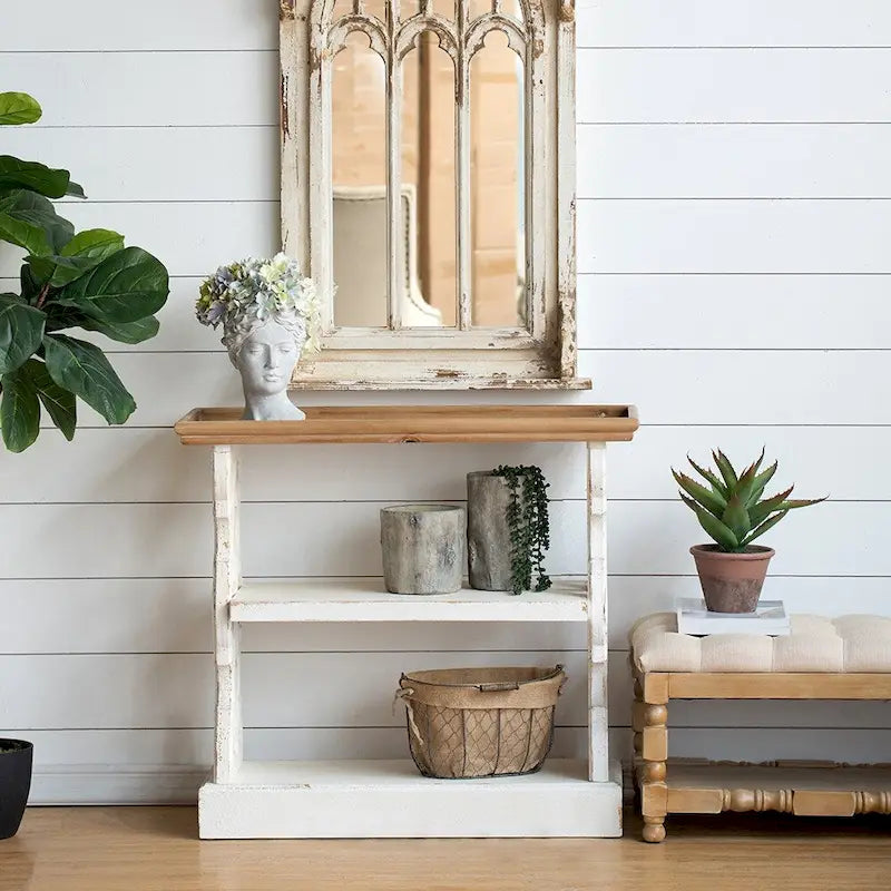 Console en bois vieilli avec étagère à trois niveaux et plateau de service – Blanc antique