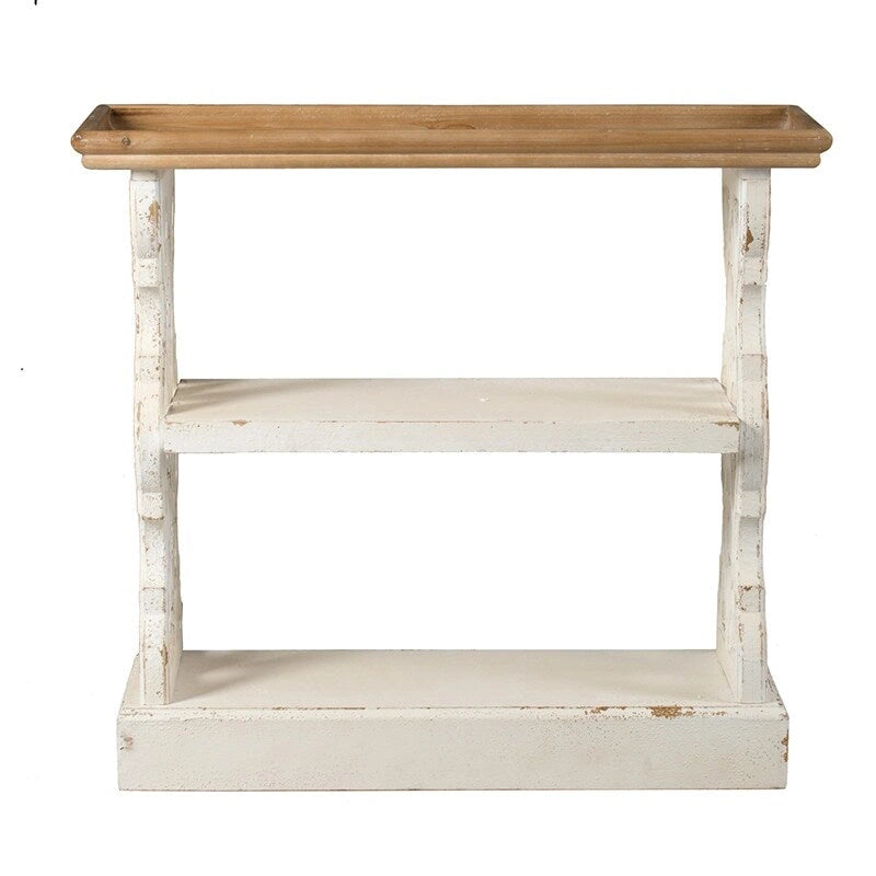 Console en bois vieilli avec étagère à trois niveaux et plateau de service – Blanc antique