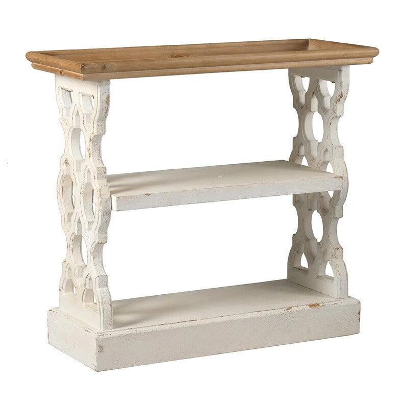 Console en bois vieilli avec étagère à trois niveaux et plateau de service – Blanc antique
