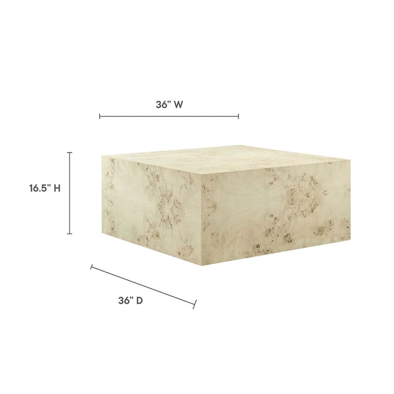 Table basse carrée en placage de loupe de 36 pouces avec pieds réglables