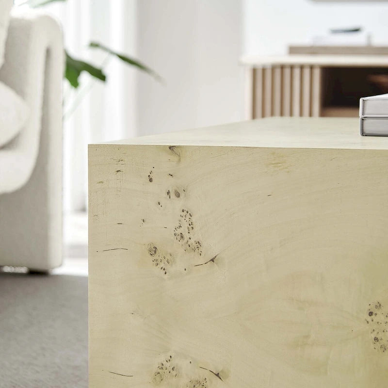 Table basse carrée en placage de loupe de 36 pouces avec pieds réglables