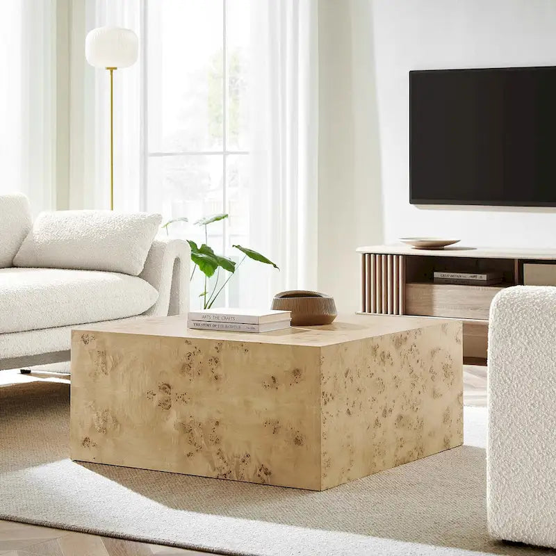 Table basse carrée en placage de loupe de 36 pouces avec pieds réglables