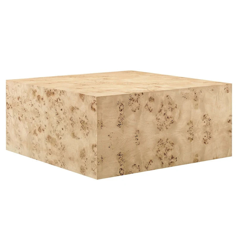 Table basse carrée en placage de loupe de 36 pouces avec pieds réglables