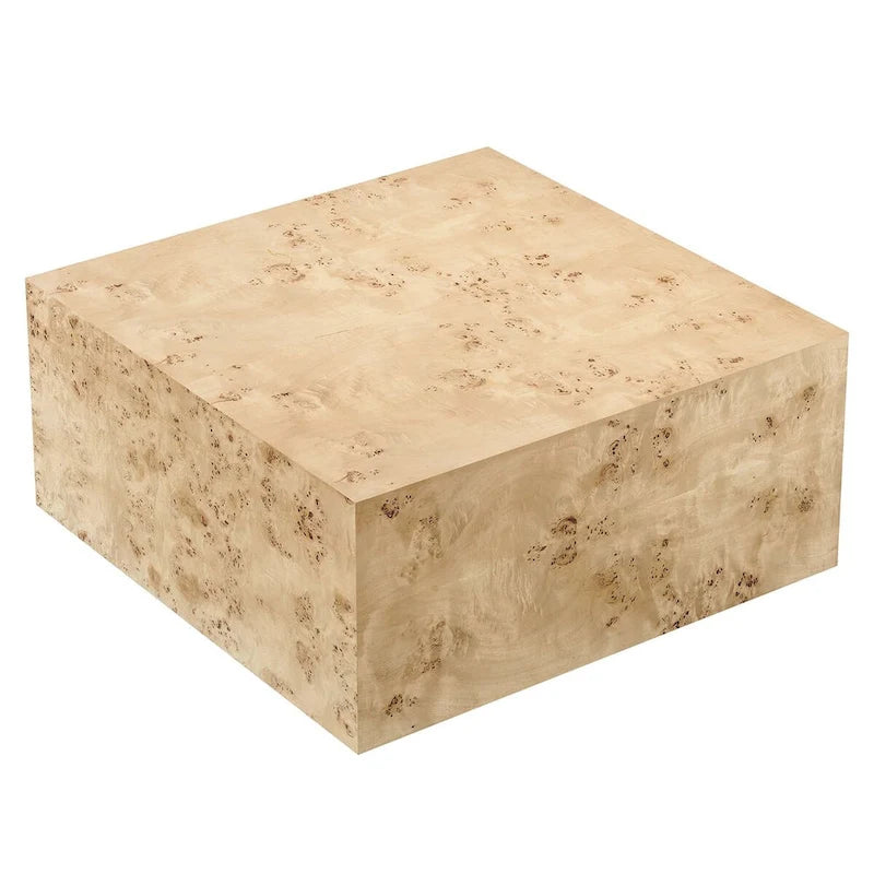Table basse carrée en placage de loupe de 36 pouces avec pieds réglables