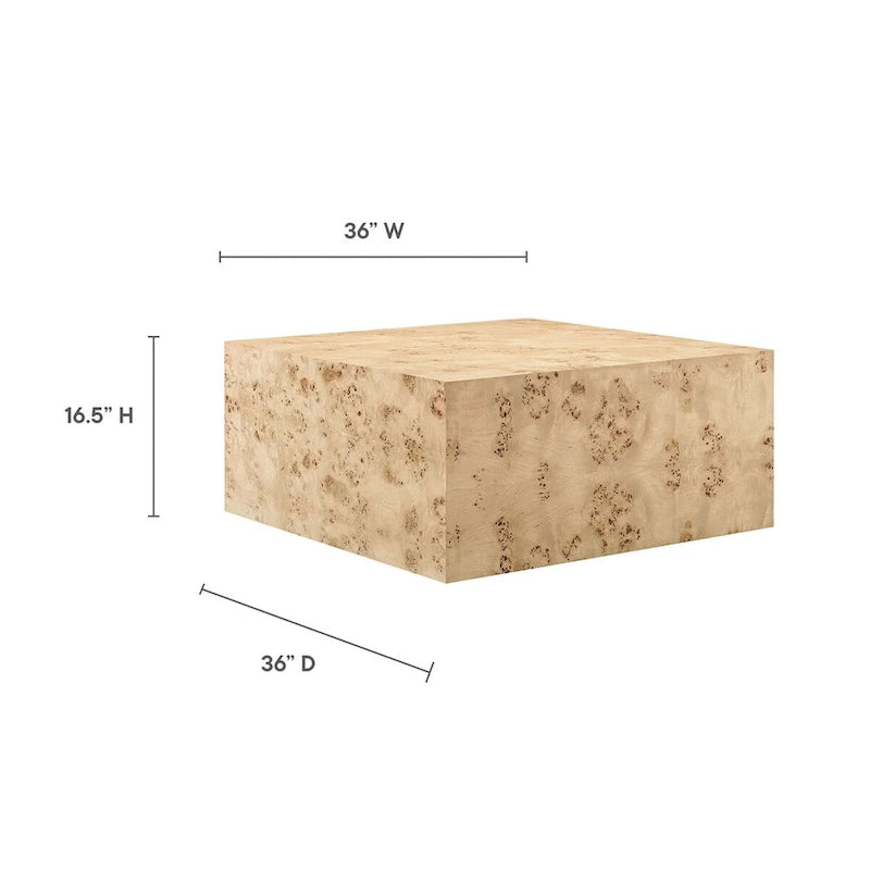 Table basse carrée en placage de loupe de 36 pouces avec pieds réglables