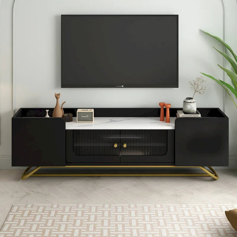 Meuble TV en verre cannelé avec plateau imitation marbre et base à cadre doré