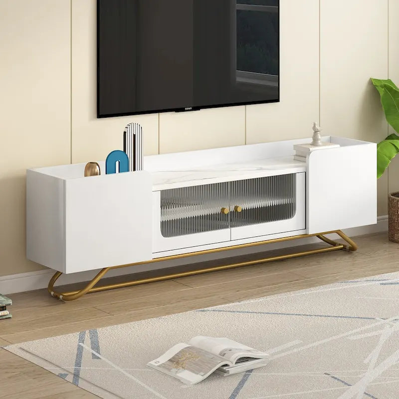 Meuble TV en verre cannelé avec plateau imitation marbre et base à cadre doré