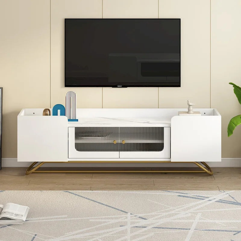 Meuble TV en verre cannelé avec plateau imitation marbre et base à cadre doré