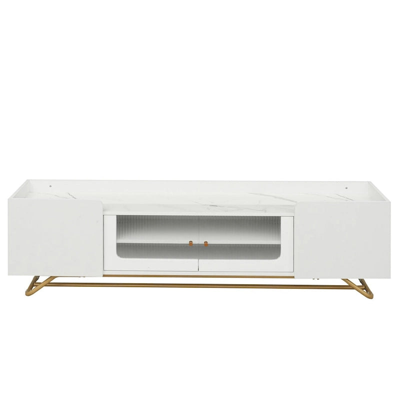 Meuble TV en verre cannelé avec plateau imitation marbre et base à cadre doré