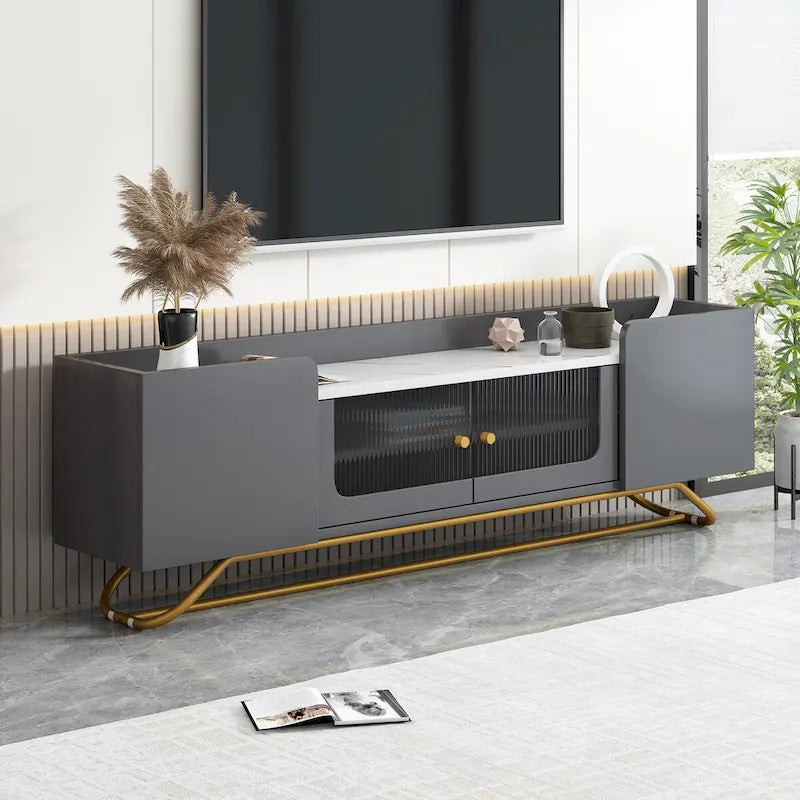 Meuble TV en verre cannelé avec plateau imitation marbre et base à cadre doré