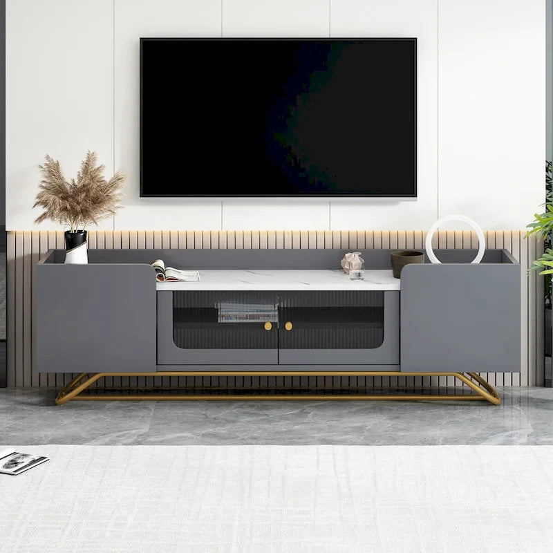 Meuble TV en verre cannelé avec plateau imitation marbre et base à cadre doré