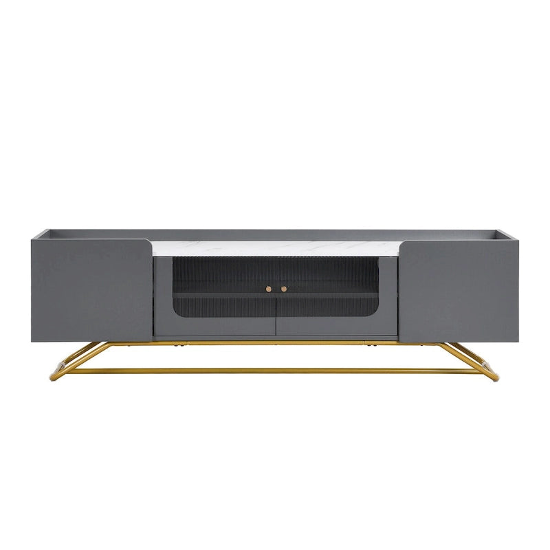 Meuble TV en verre cannelé avec plateau imitation marbre et base à cadre doré