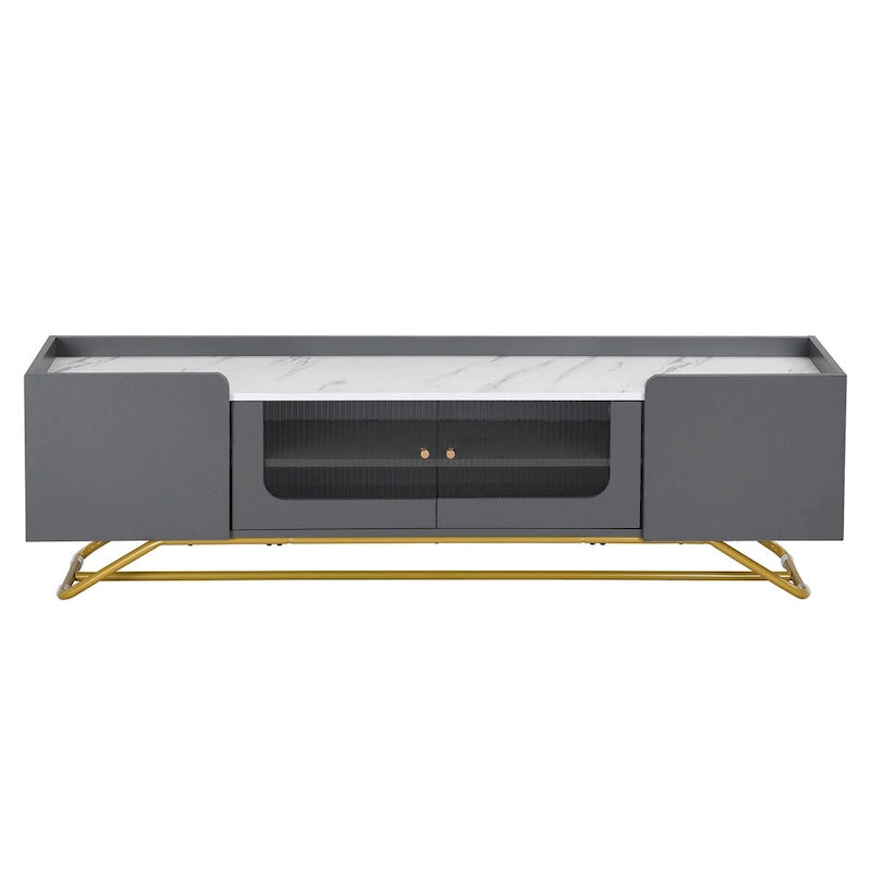 Meuble TV en verre cannelé avec plateau imitation marbre et base à cadre doré
