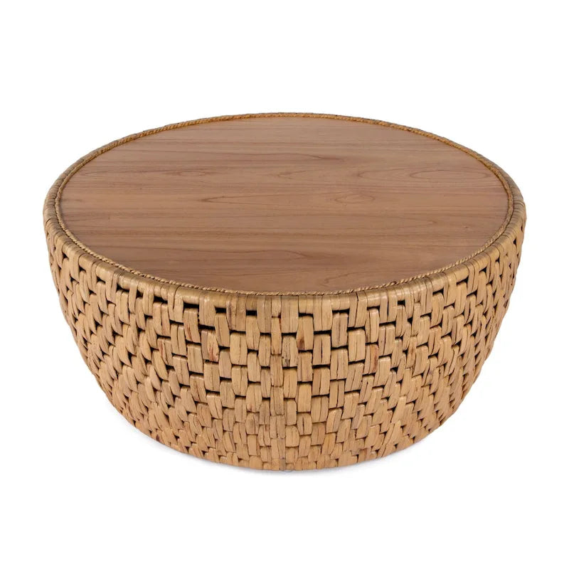 Table basse tambour ronde en rotin et jacinthe d'eau