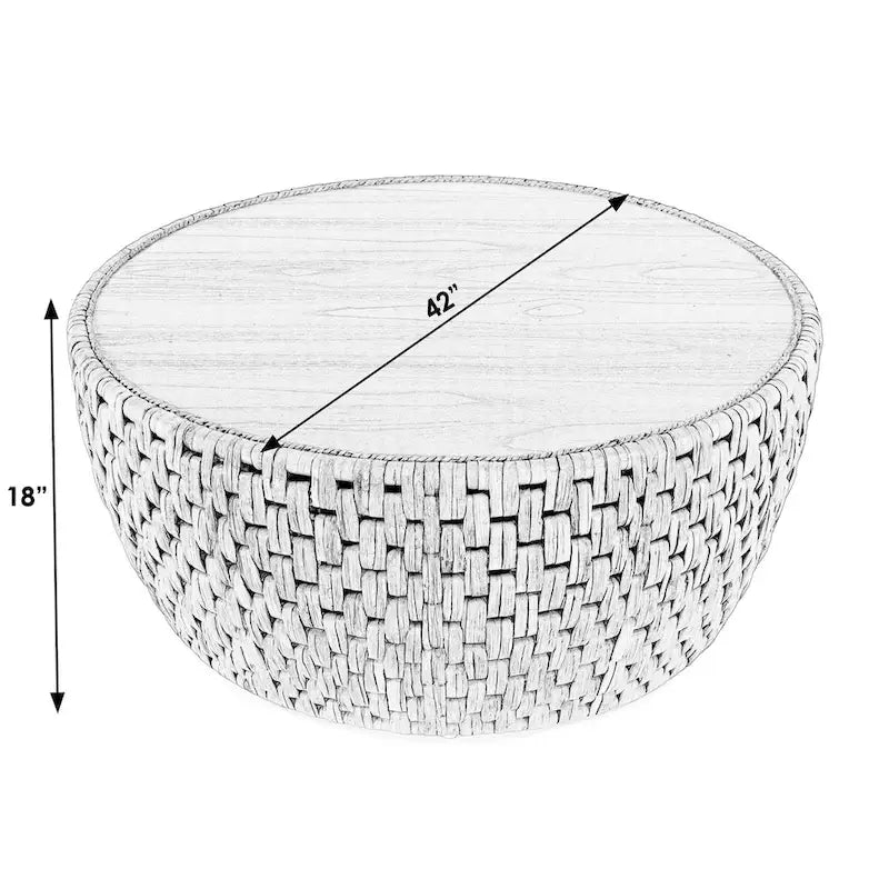 Table basse tambour ronde en rotin et jacinthe d'eau