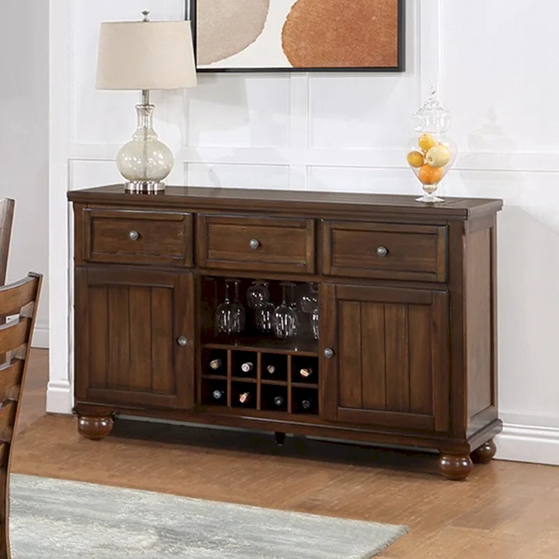 Buffet en noyer avec 3 tiroirs, 2 portes et rangement pour le vin