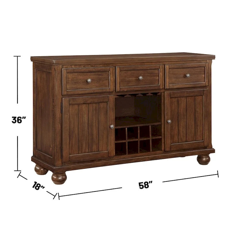Buffet en noyer avec 3 tiroirs, 2 portes et rangement pour le vin