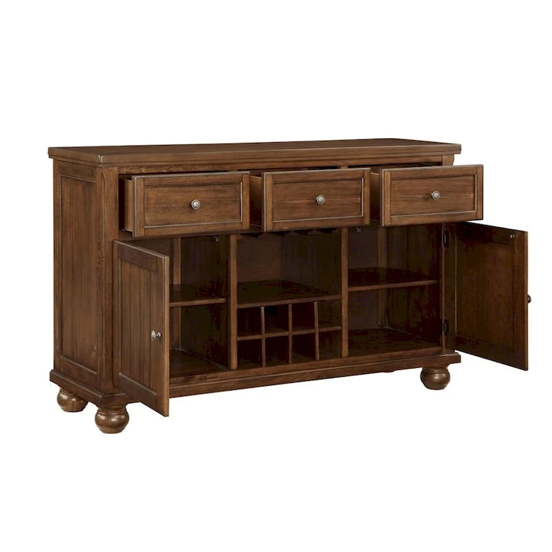 Buffet en noyer avec 3 tiroirs, 2 portes et rangement pour le vin